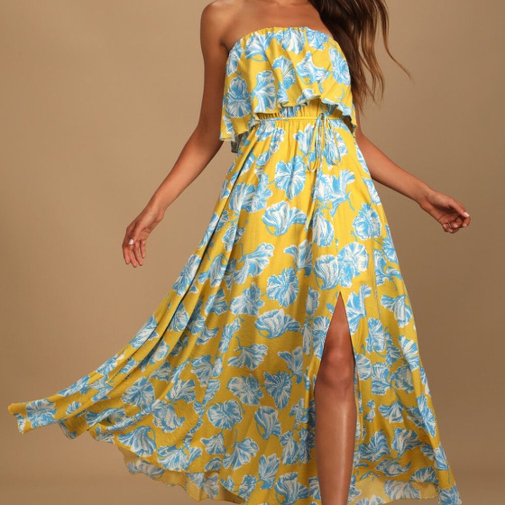 Lulus Love Boldly Yellow Floral Print Strapless Maxi Dress